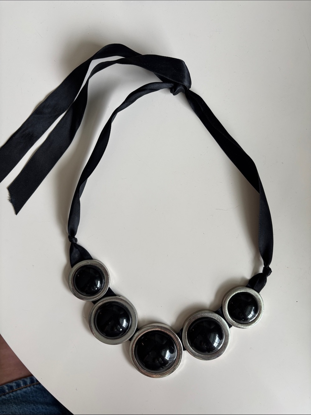Black Statement Bead Ribbon Necklace - Brand